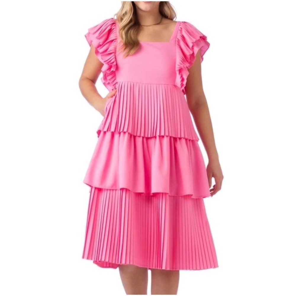 NWT Crosby‎ by Mollie Burch Pink Pleated Tiered Midi Dress Ruffle Sleeve Medium
